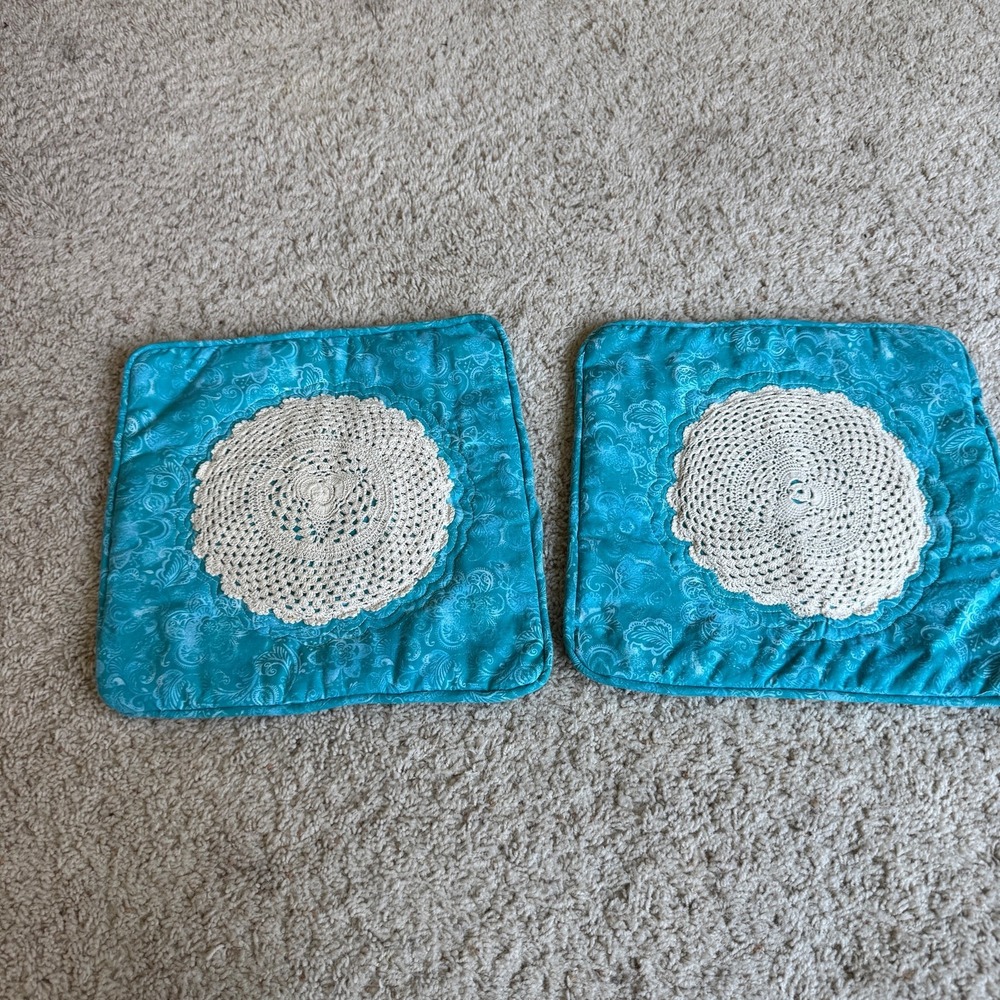 Handmade Turquoise Teal Quilted Pillow Covers Cream Crochet Doily Set of 2 Boho